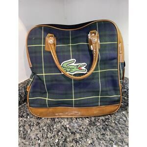 Vintage Lacoste Plaid Canvas Tote Bag Green Blue Brown Trim Retro Preppy